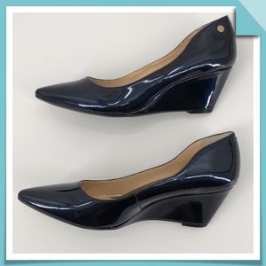 Calvin Klein Navy Patent Leather Wedges Size 7.5